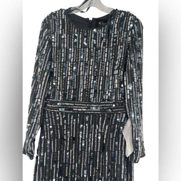 NWT Mac Duggal Embellished High Neck Long Sleeve Fitted Midi Charcoal Dress 8 - Picture 4 of 8